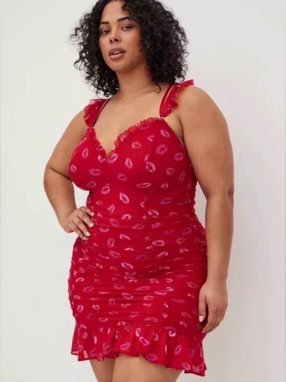Torrid Red Lip Print Ruffle Ruched Mini Bodycon Dress 4x